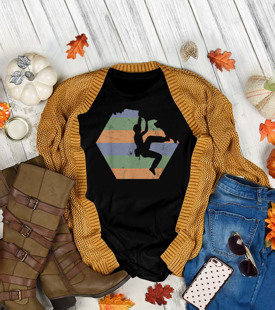 Bouldering Rock Climbing Climber Silhouette with Stripes T-Shirt