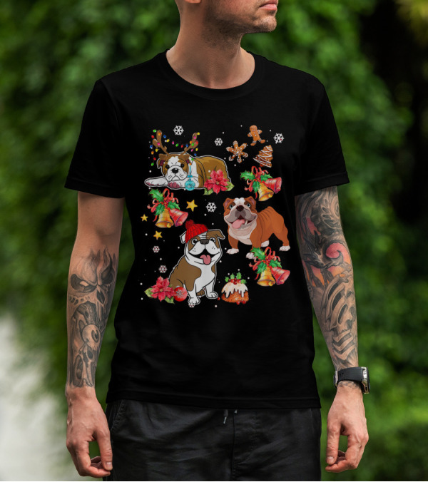 Bulldog Christmas Ornament Decoration With Bells And Gingerbread T-Shirt