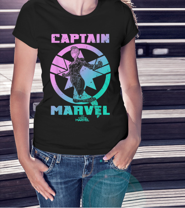 Captain Marvel Star Emblem Spectrum Heroine Pose T-Shirt