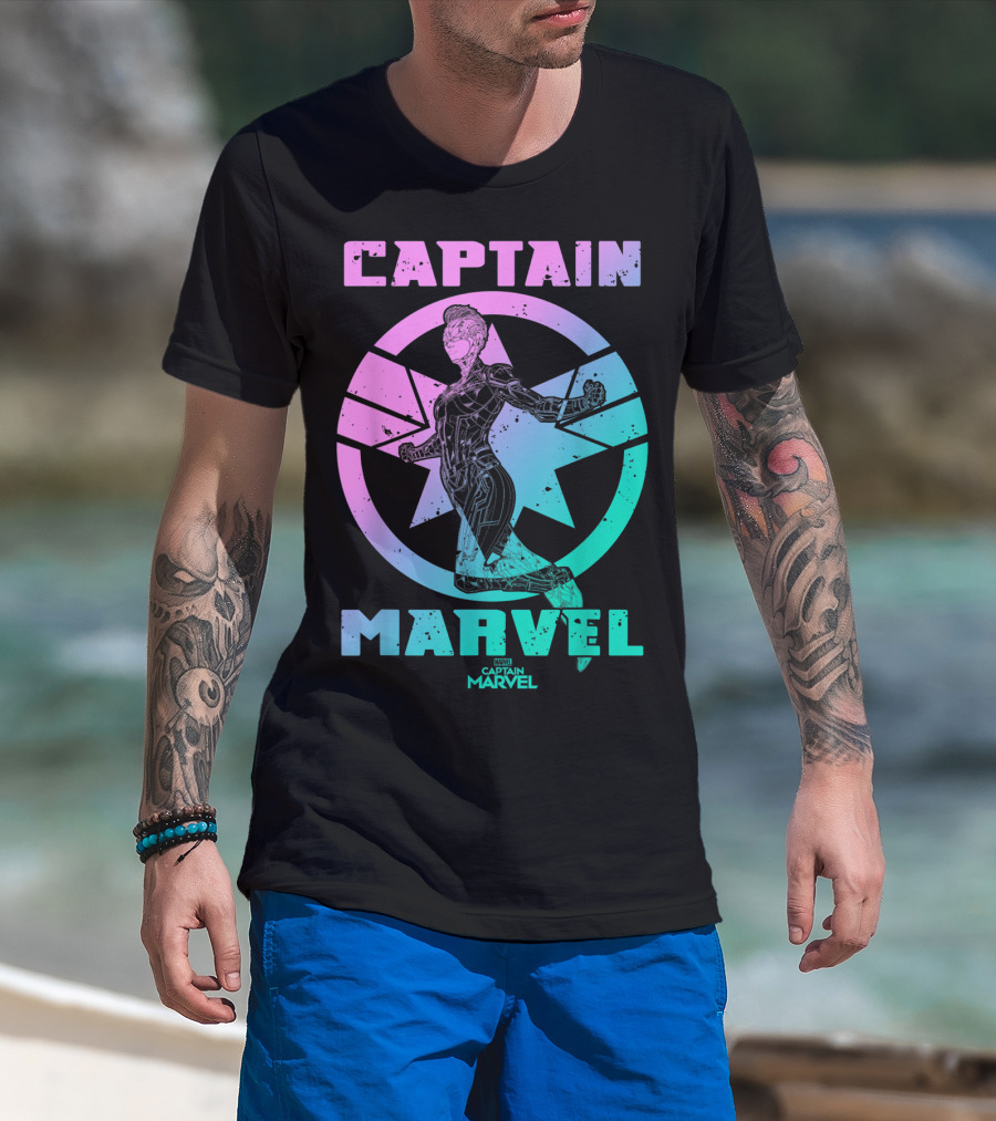 Captain Marvel Star Emblem Spectrum Heroine Pose T-Shirt