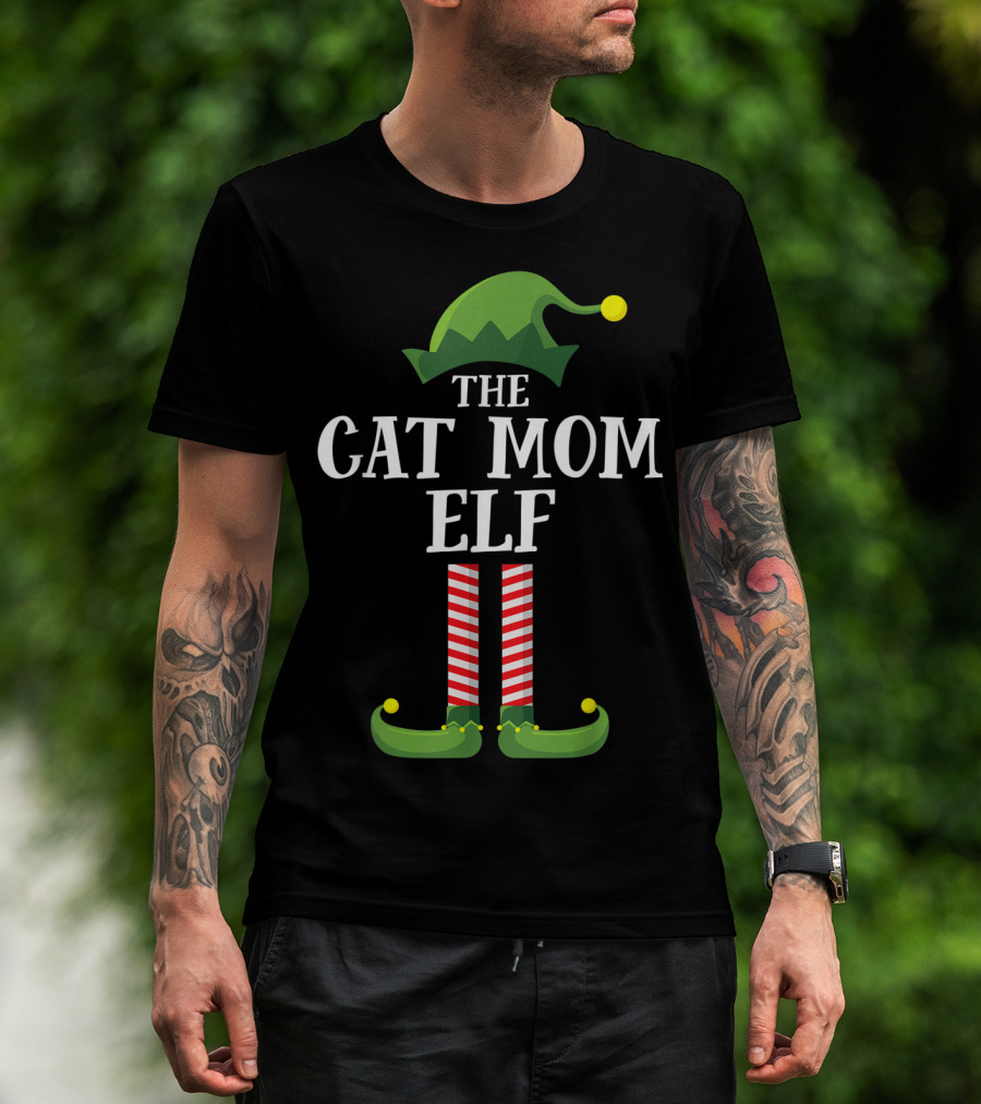 The Cat Mom Elf Matching Family Group Holiday Christmas Hat And Legs T-Shirt