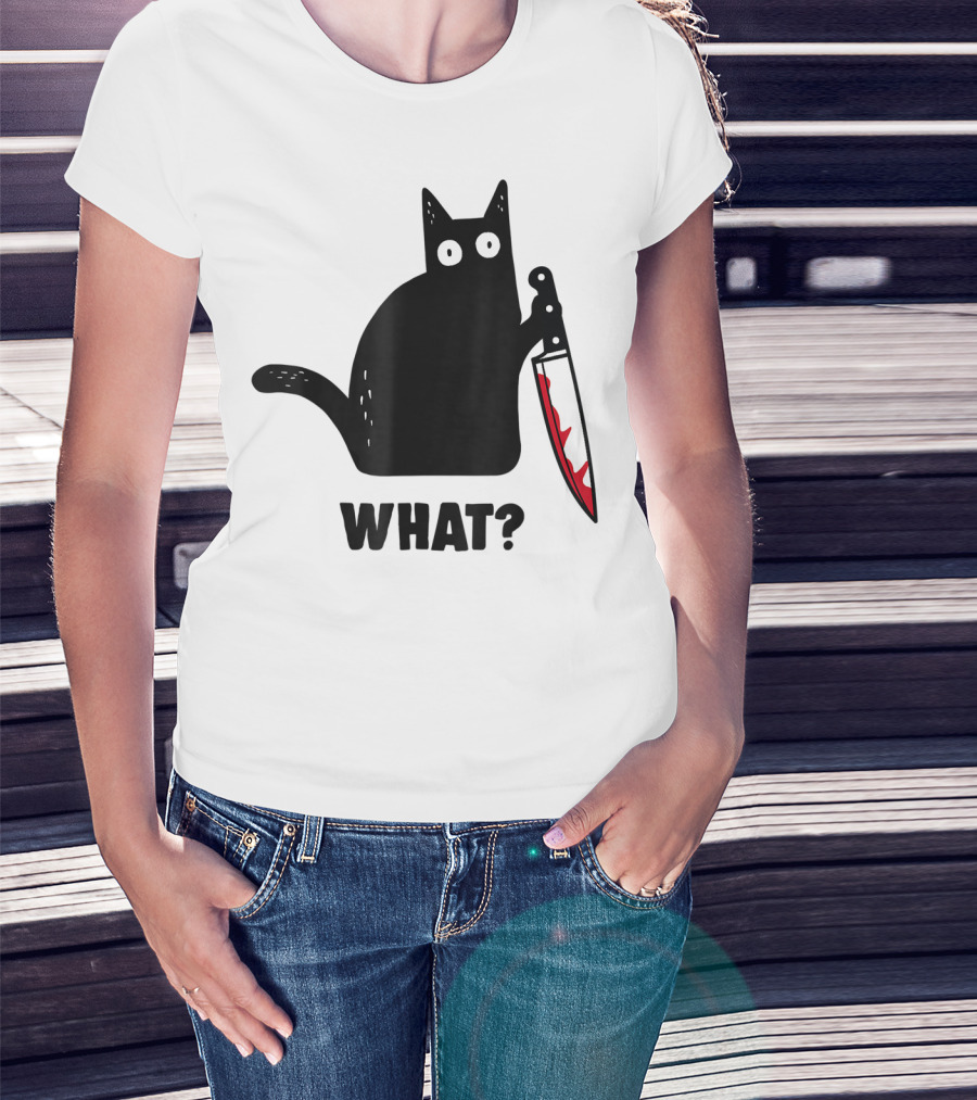Funny Black Cat With Knife And What? T-Shirt