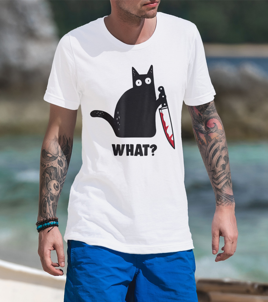 Funny Black Cat With Knife And What? T-Shirt