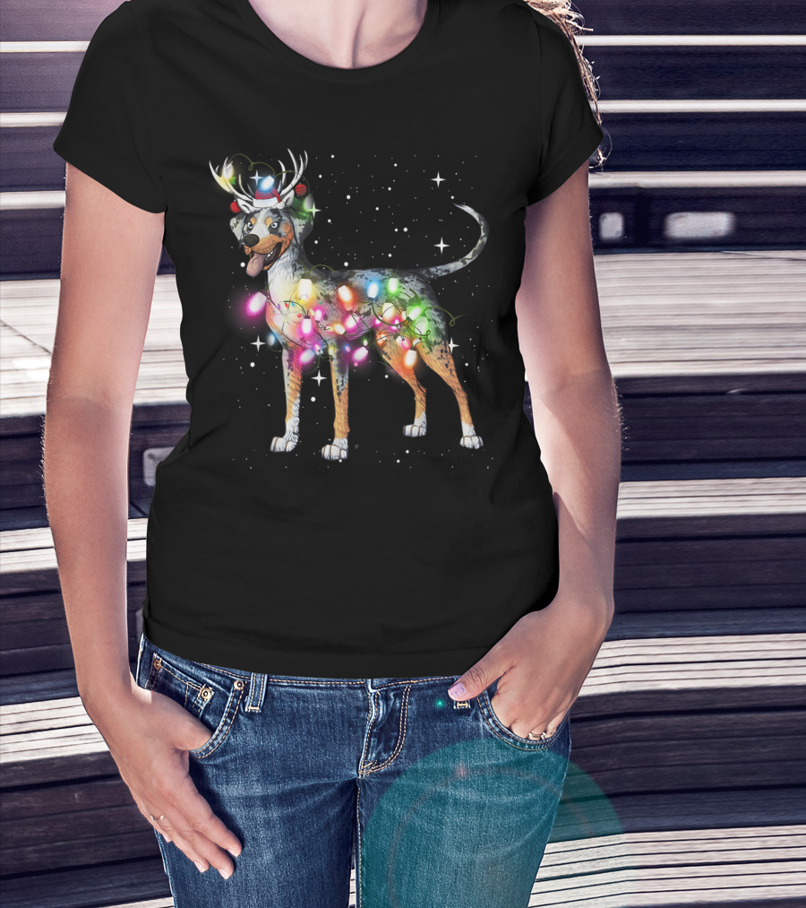 Catahoula Leopard Dog Wrapped In Christmas Lights With Reindeer Antlers And Santa Hat T-Shirt