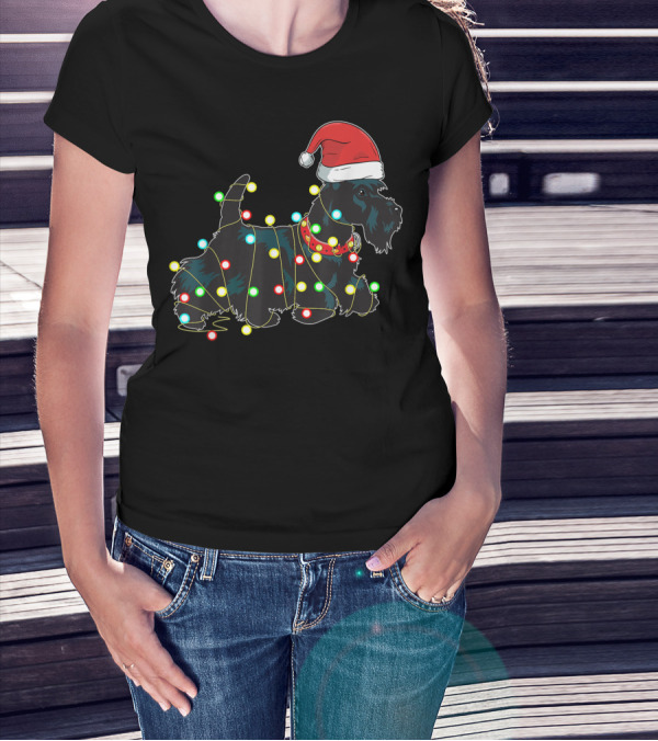 Scottish Terrier Wrapped In Christmas Lights And Santa Hat T-Shirt