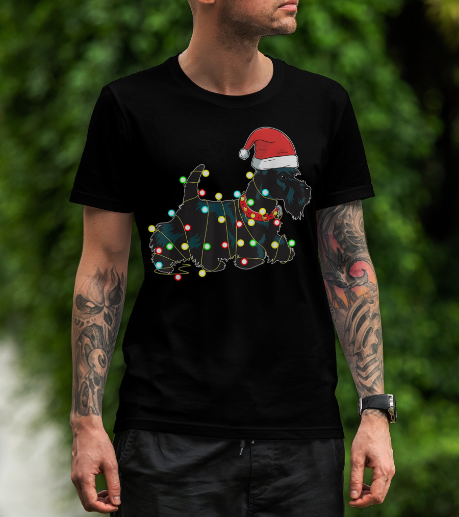 Scottish Terrier Wrapped In Christmas Lights And Santa Hat T-Shirt