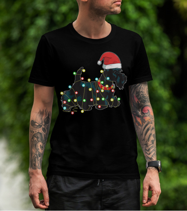 Scottish Terrier Wrapped In Christmas Lights And Santa Hat T-Shirt