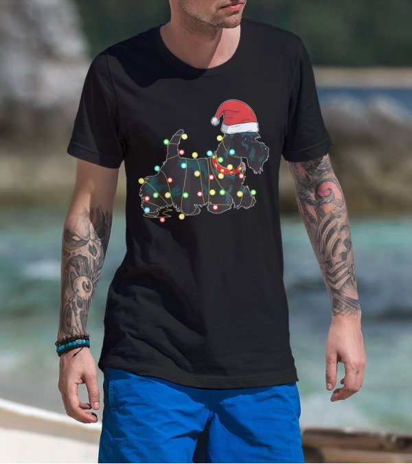 Scottish Terrier Wrapped In Christmas Lights And Santa Hat T-Shirt