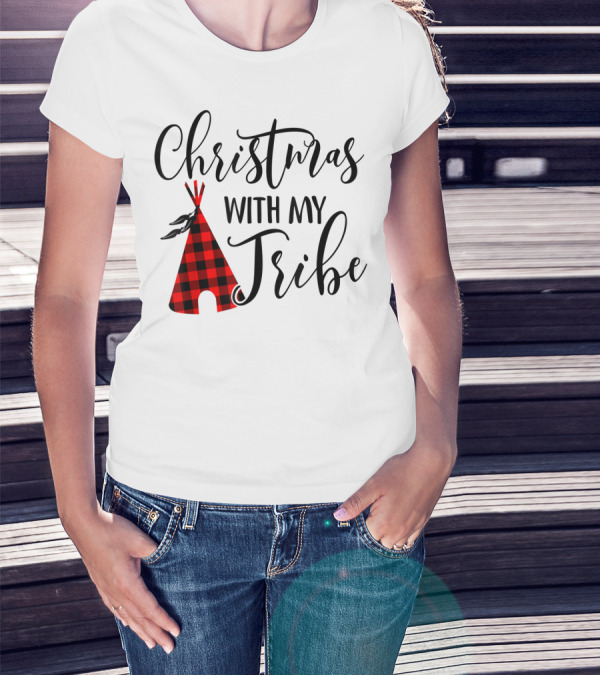 Christmas With My Tribe Teepee Buffalo Plaid Holiday T-Shirt