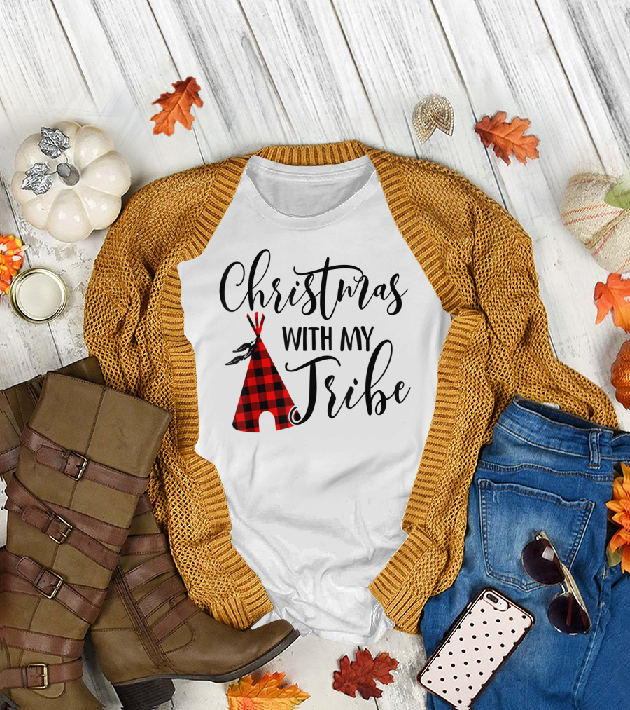Christmas With My Tribe Teepee Buffalo Plaid Holiday T-Shirt