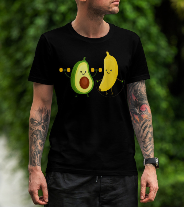 Cute Happy Smiling Banana And Avocado Exercising Together T-Shirt