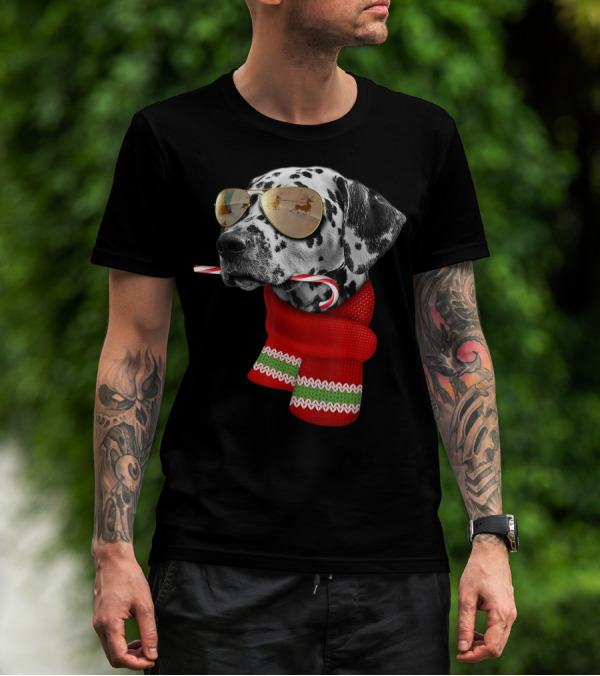 Dalmatian Christmas Dog With Candy Cane And Santa Sunglasses T-Shirt