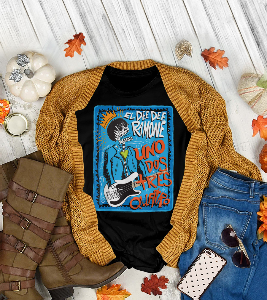 El Dee Dee Ramone Uno Dos Tres Quatro Skull Art with Crown and Heart Guitar T-Shirt