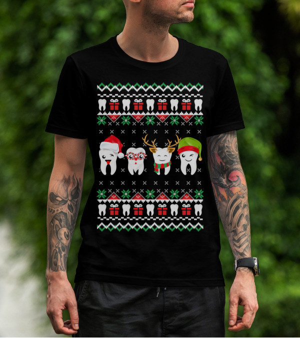 Dentist Ugly Christmas Teeth Santa Reindeer Glasses T-Shirt