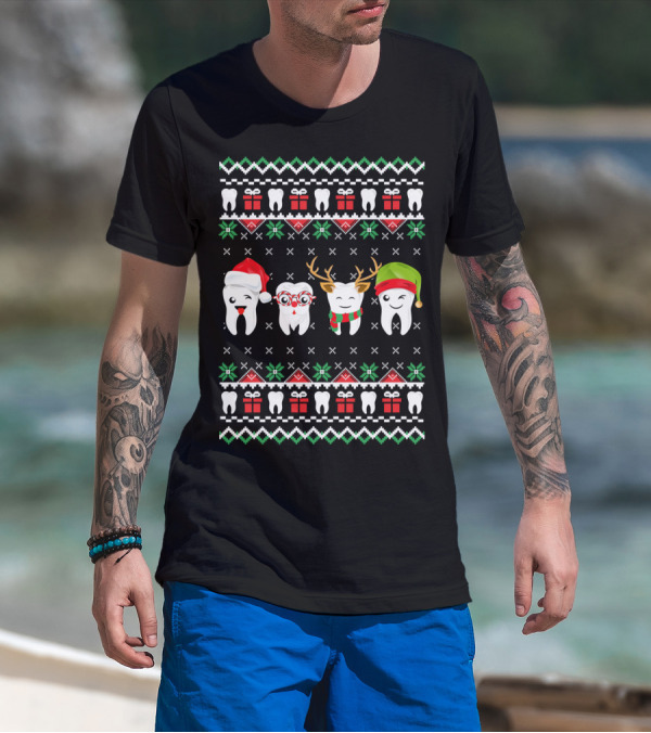 Dentist Ugly Christmas Teeth Santa Reindeer Glasses T-Shirt