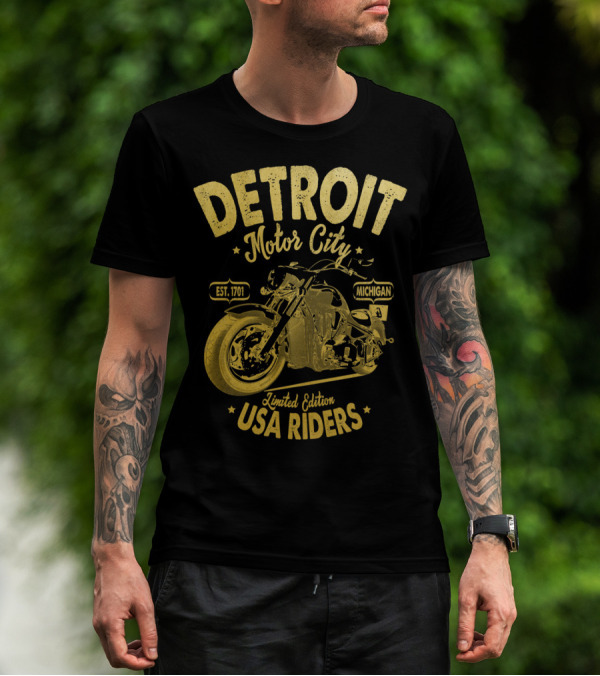 Detroit Motor City Michigan Est. 1701 USA Riders Gold Vintage T-Shirt