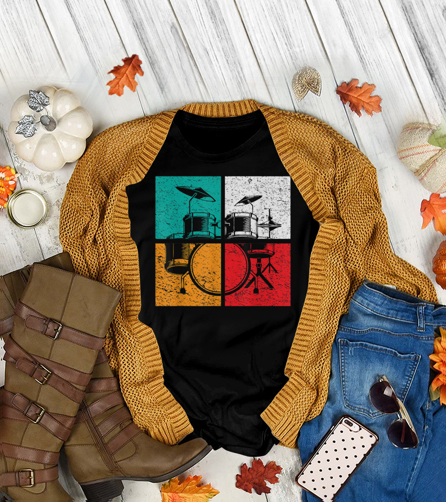 Drummer Drums Band Drumset Colorful Pop Art Squares T-Shirt
