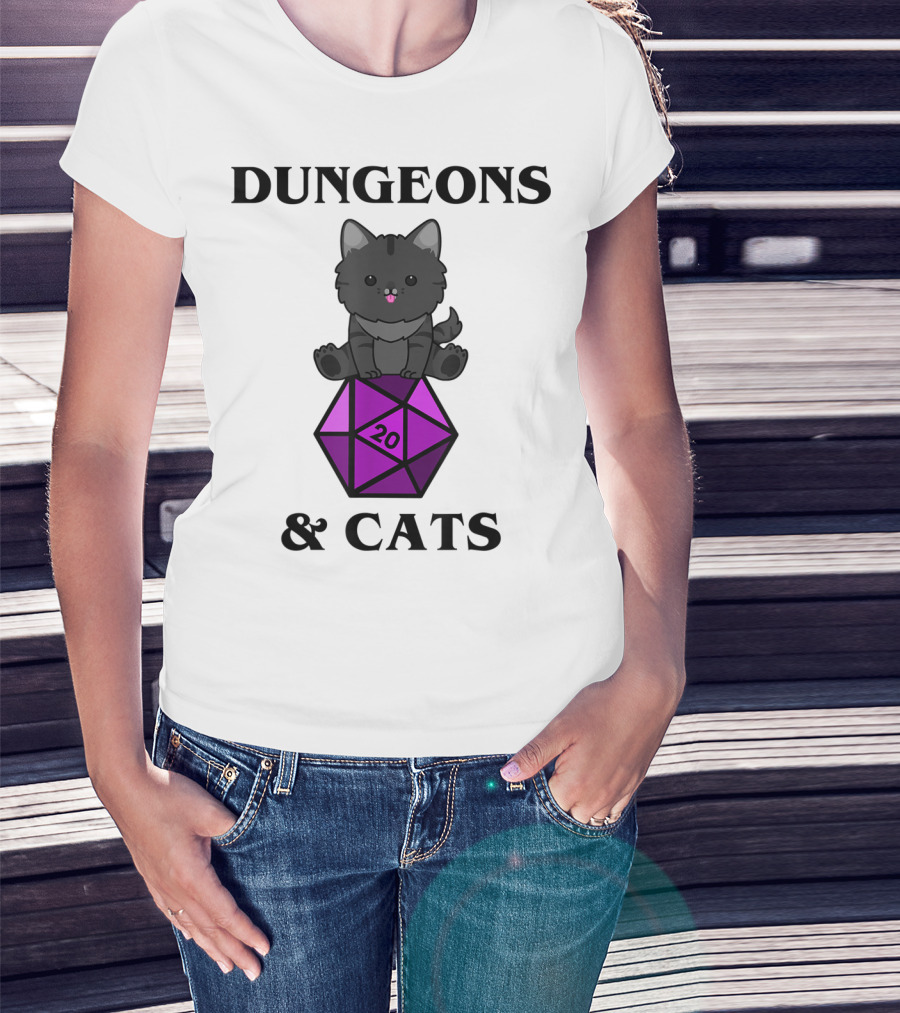 Dungeons And Cats Nerdy RPG Cat Sitting On D20 Dice T-Shirt