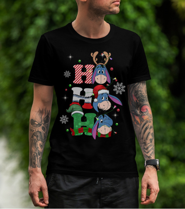 Eeyore Christmas Donkey Santa Reindeer Ho Ho Ho Snowflakes T-Shirt