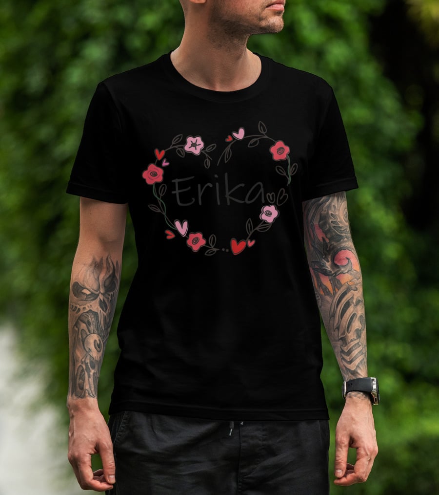 Erika Heart Floral Design With Red And Pink Flowers T-Shirt