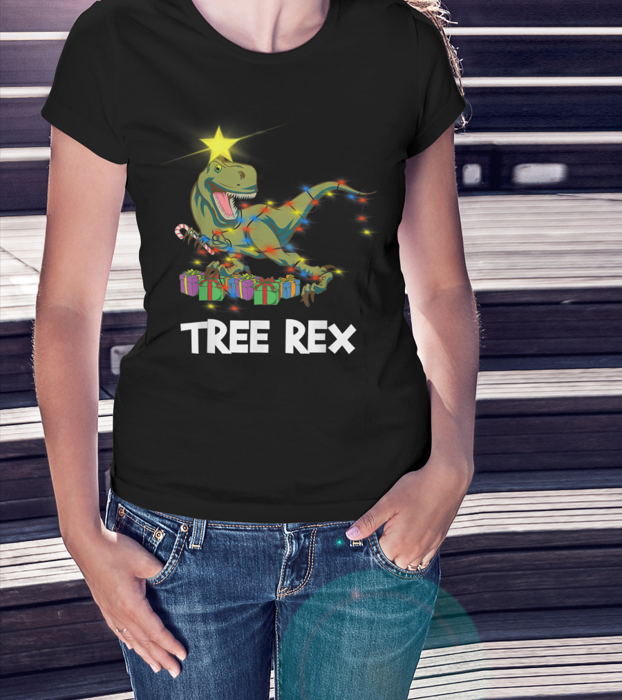 Tree Rex Christmas Dinosaur With Star And Gift Lights T-Shirt