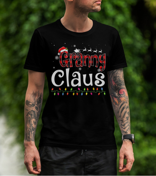 Granny Claus Santa Hat Reindeer Sleigh Christmas Lights Snowflakes T-Shirt