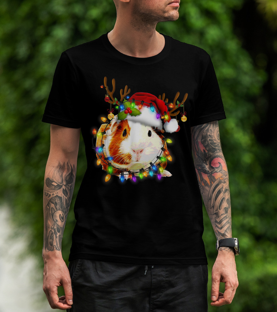 Guinea Pig With Christmas Lights And Reindeer Antlers In Santa Hat T-Shirt