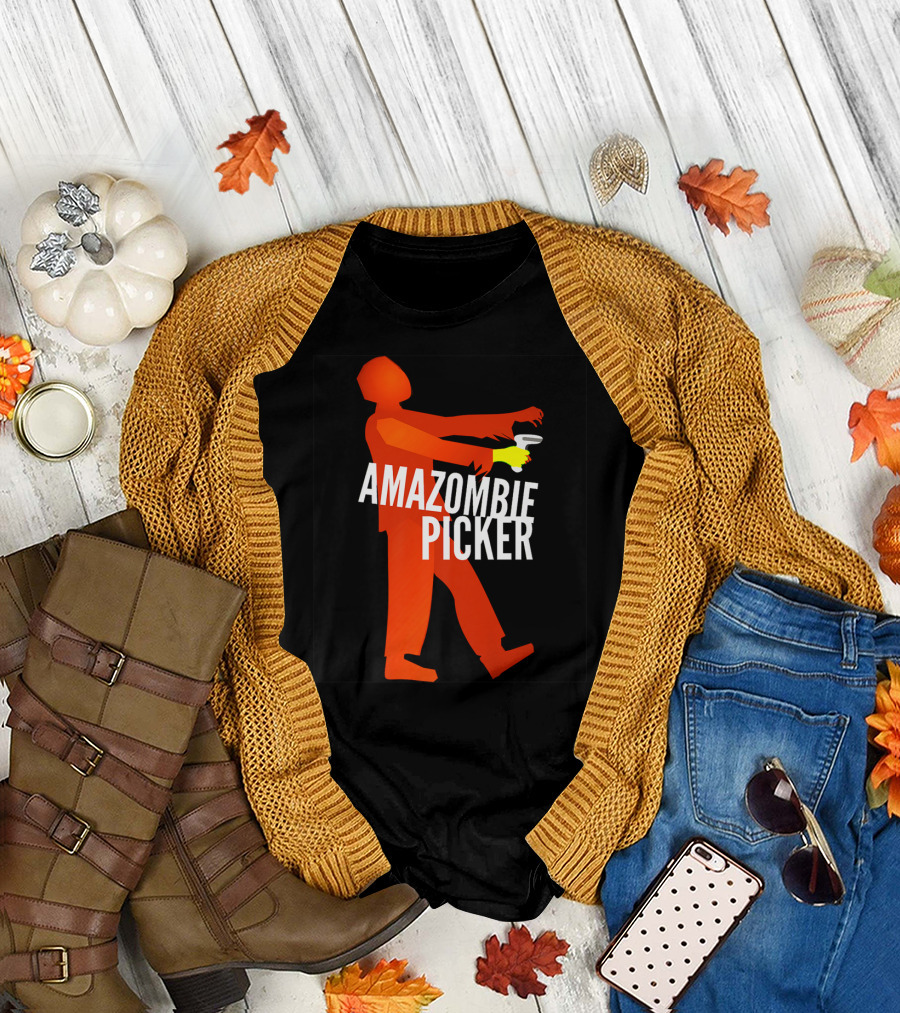 Amazombie Picker Walking Zombie Silhouette with Coffee Cup T-Shirt