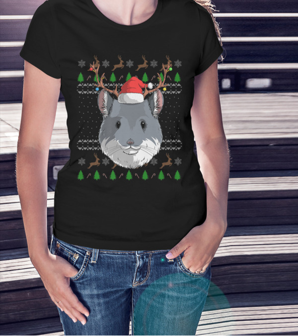 Chinchilla With Santa Hat And Reindeer Antlers Christmas T-Shirt