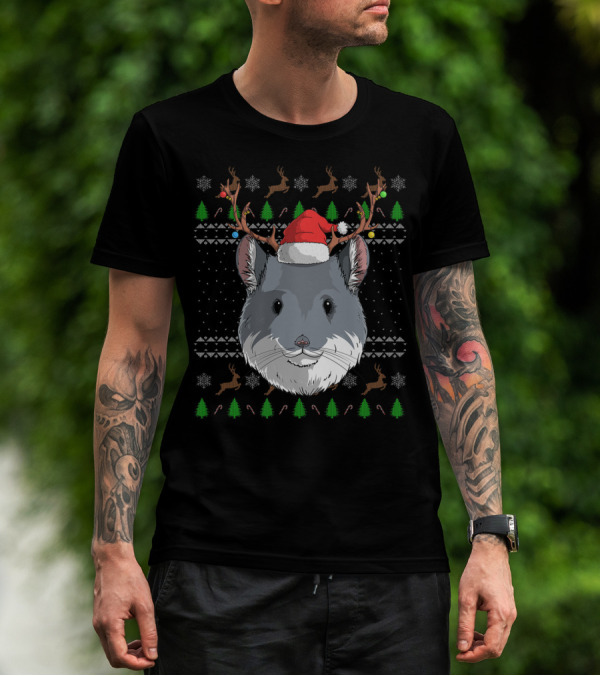 Chinchilla With Santa Hat And Reindeer Antlers Christmas T-Shirt