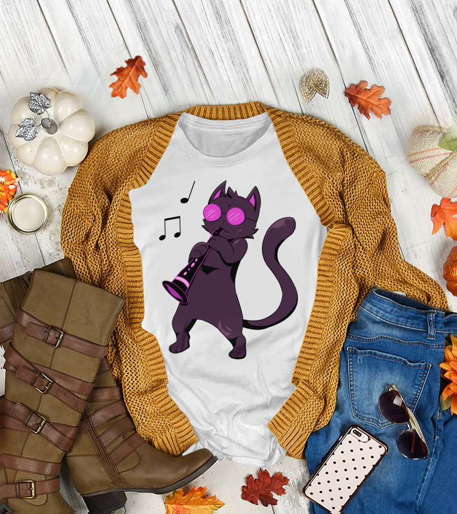Clarinet Playing Cool Cat Hippy Hipster Kitty with Sunglasses T-Shirt