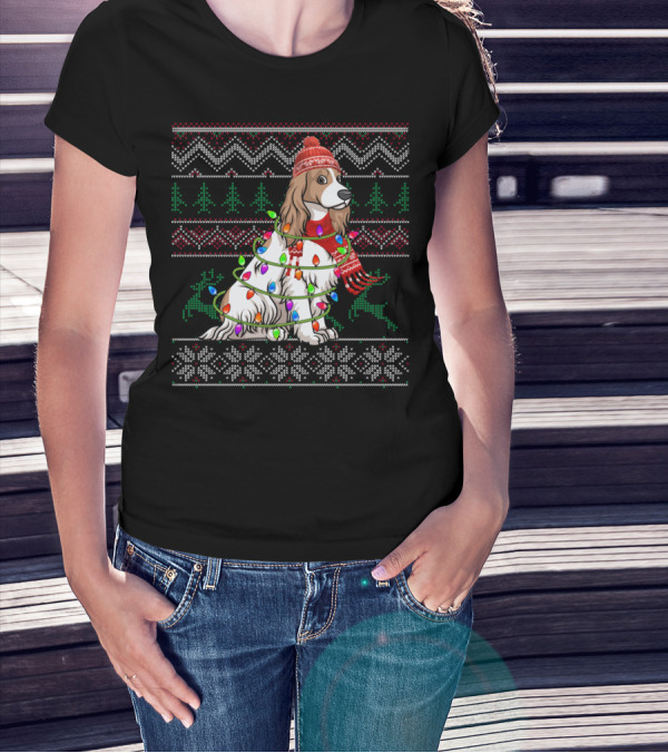 Cocker Spaniel Holiday Sweater With Christmas Lights And Reindeer T-Shirt