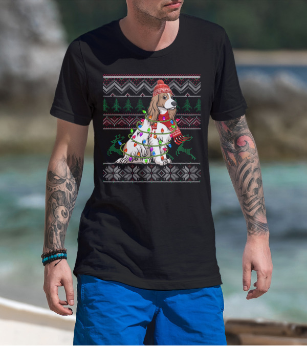 Cocker Spaniel Holiday Sweater With Christmas Lights And Reindeer T-Shirt