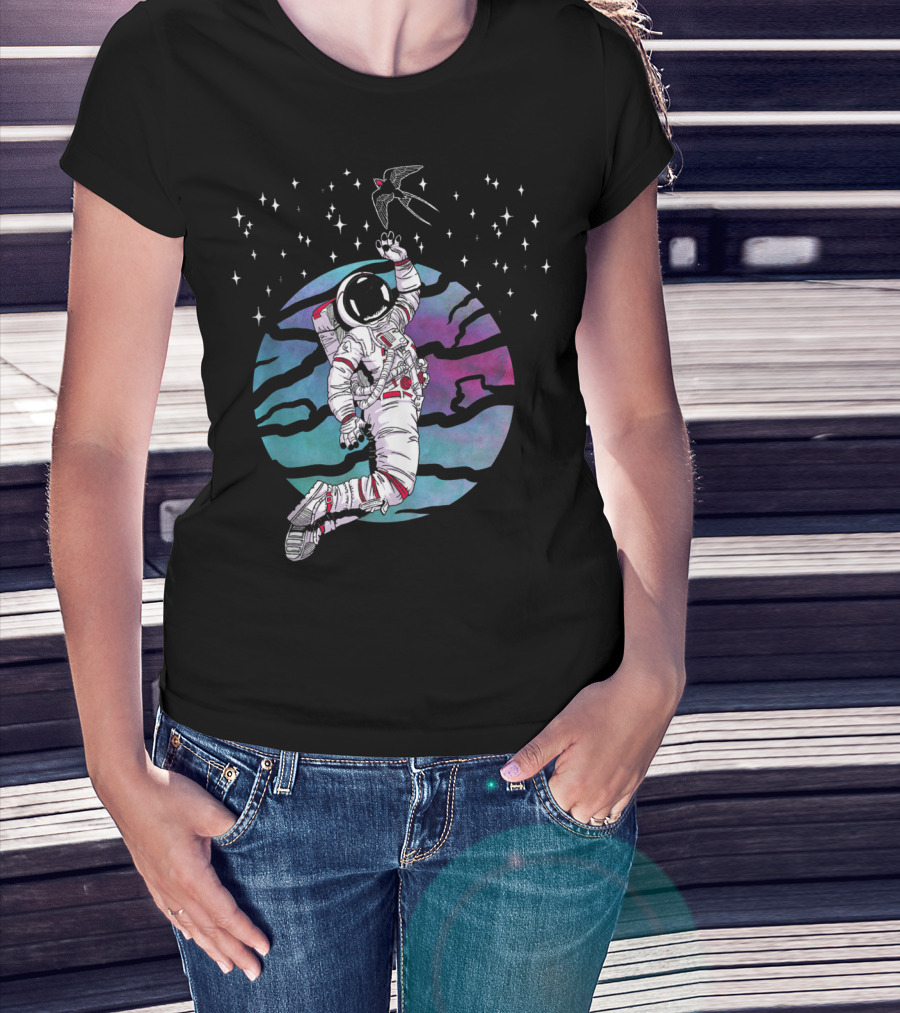 Cosmic Apparition Astronaut Reaches For Celestial Bird In Starry Universe T-Shirt