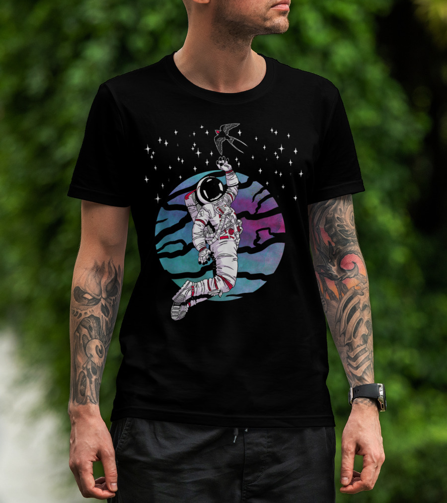Cosmic Apparition Astronaut Reaches For Celestial Bird In Starry Universe T-Shirt