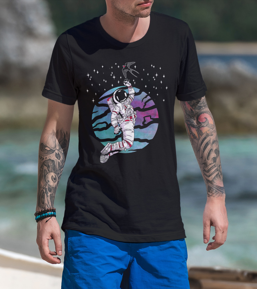 Cosmic Apparition Astronaut Reaches For Celestial Bird In Starry Universe T-Shirt