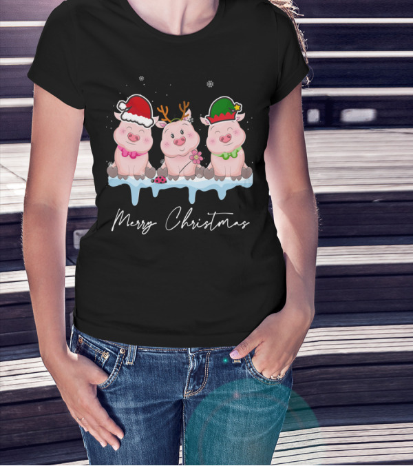 Merry Christmas Cute Pig Santa Hat Xmas Holiday Trio T-Shirt