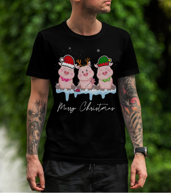 Merry Christmas Cute Pig Santa Hat Xmas Holiday Trio T-Shirt