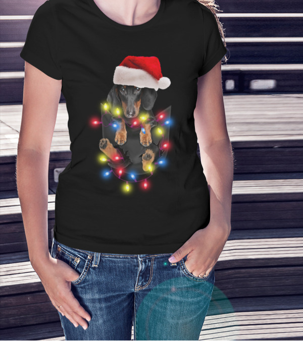 Dachshund Santa Hat Christmas Lights In Pocket Festive Holiday Puppy T-Shirt