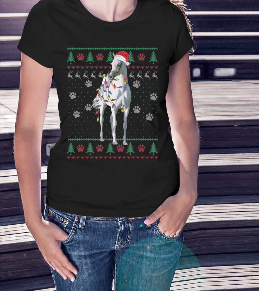 Funny Arabian Horse Santa Christmas Lights Holiday Ugly T-Shirt