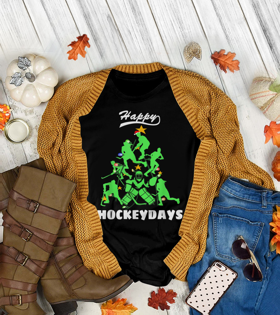 Happy Hockeydays Funny Ice Hockey Xmas Tree T-Shirt