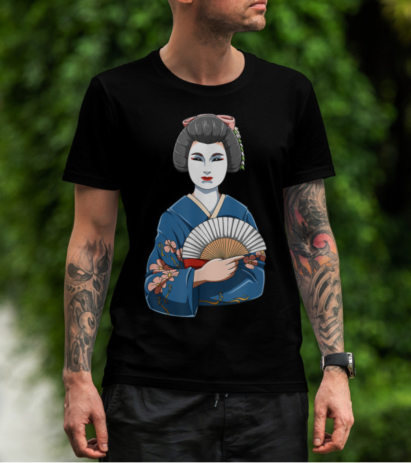 Geisha Girl Traditional Japanese Kimono Fan Blossoms T-Shirt
