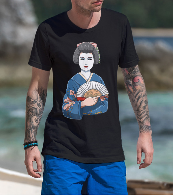 Geisha Girl Traditional Japanese Kimono Fan Blossoms T-Shirt
