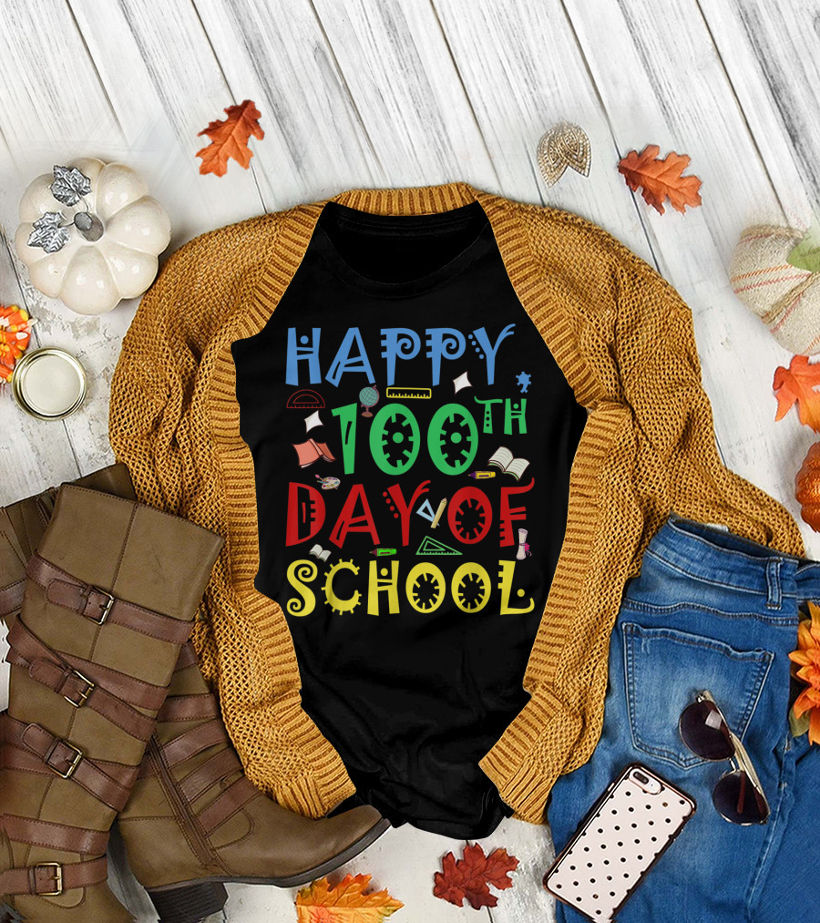 Happy 100th Day of School Celebration with Colorful Text and School Supplies T-Shirt