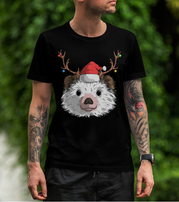Hedgehog Santa Claus Hat Antlers Christmas Holiday T-Shirt