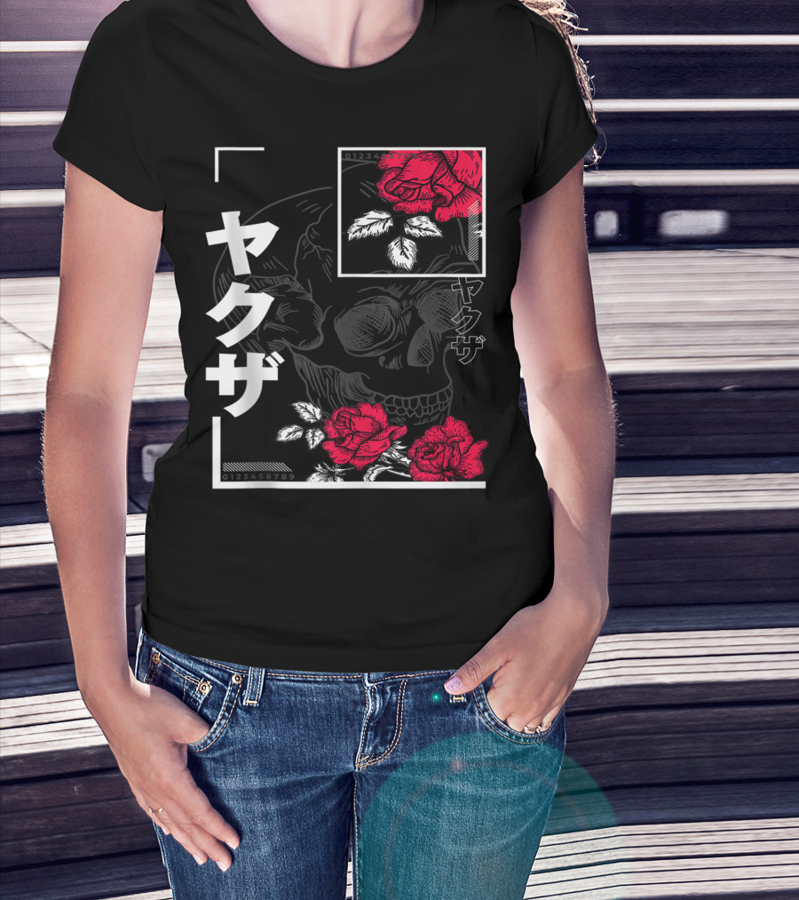 Urban Yakuza Skull And Red Roses T-Shirt