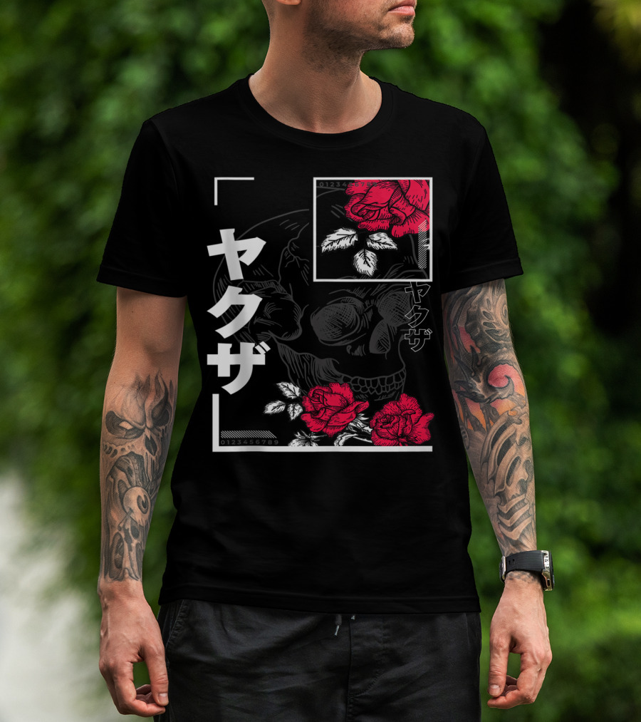 Urban Yakuza Skull And Red Roses T-Shirt