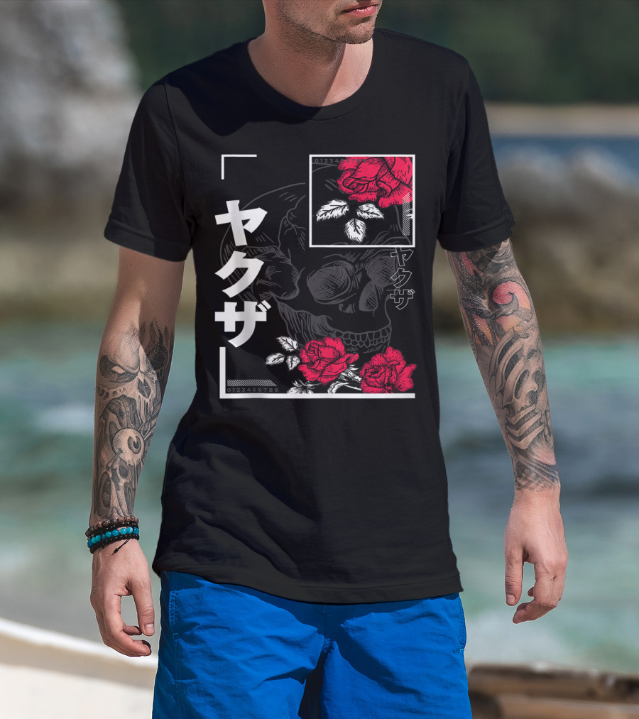 Urban Yakuza Skull And Red Roses T-Shirt