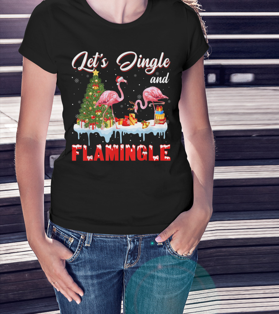 Let's Jingle And Flamingle Flamingos Santa Hat Christmas Tree Presents T-Shirt