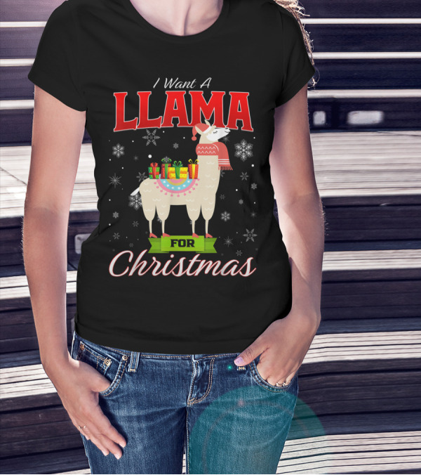 I Want A Llama For Christmas Santa Hat Snowflakes T-Shirt